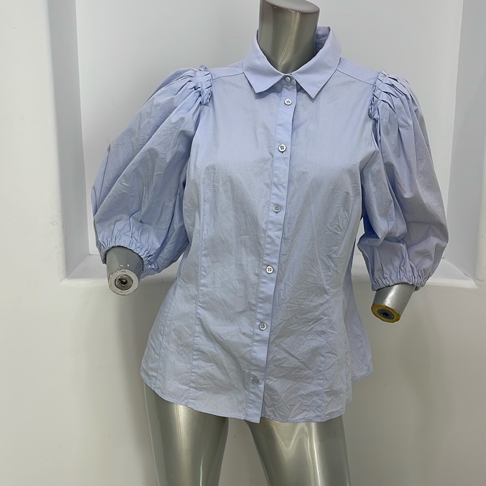 Karen Millen Quarter Balloon Sleeves Blue Button Up Shirt Top K4 - Picture 1 of 13